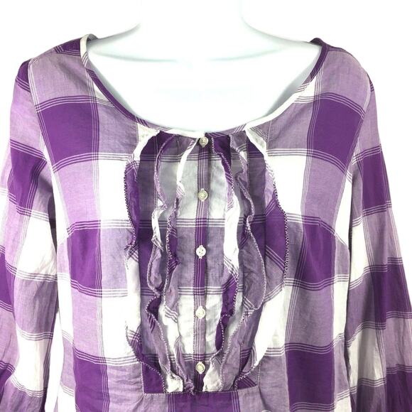 American Eagle Blouse Womens 4 Purple White Plaid Ruffle Casual Top Cotton - Picture 3 of 7
